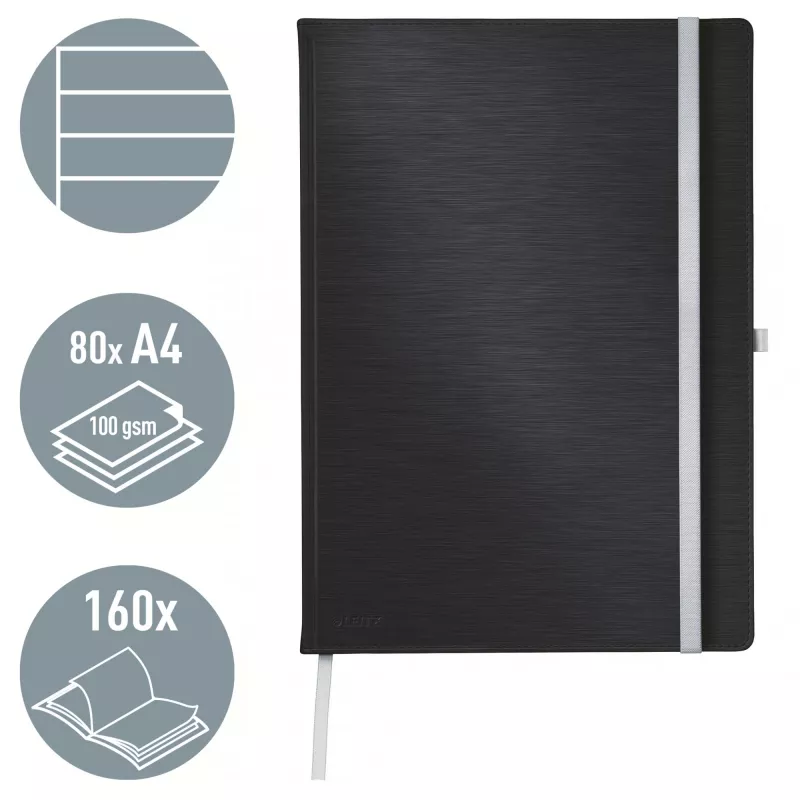 “Leitz Style” A4 formato linijinis sąsiuvinis kietu viršeliu, vienspalvis, juodas, A4, 80 lapų, 100 g/m², linijinis popierius