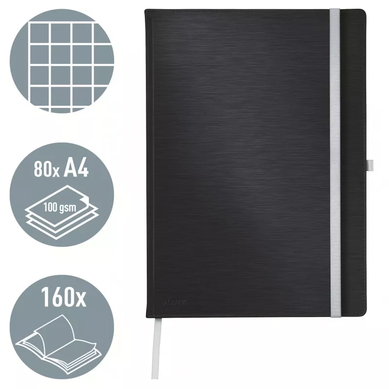 „Leitz Style“ sąsiuvinis A4 languotas kietu viršeliu, vienspalvis, juodas, A4, 80 lapų, 100 g/m², languotas popierius