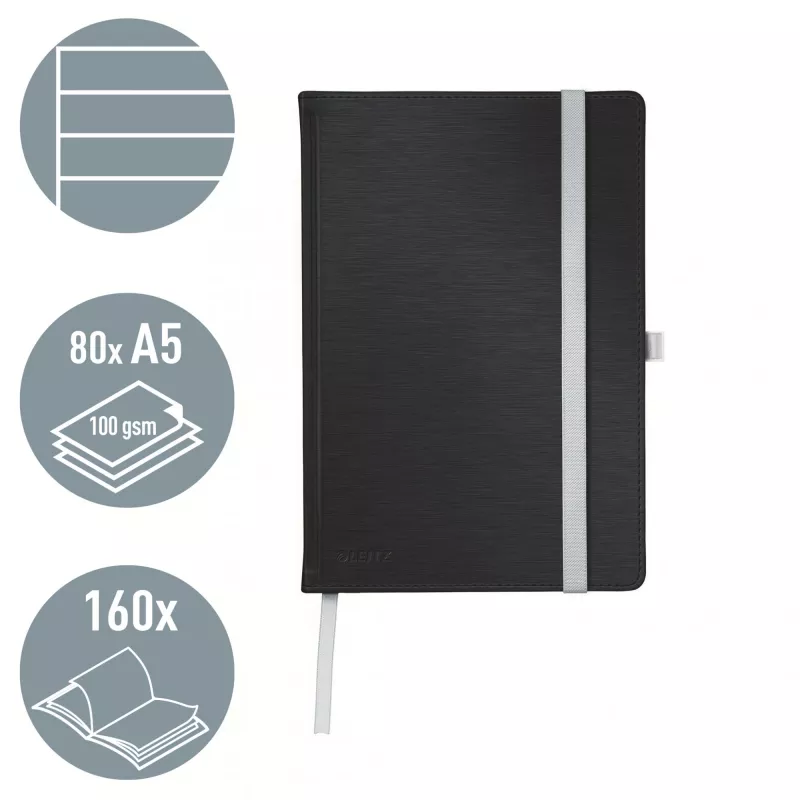 Leitz Style užrašų knygutė A5 liniuota kietu viršeliu, Monochromatinė, Juoda, A5, 80 lapų, 100 g/m², Liniuotas popierius