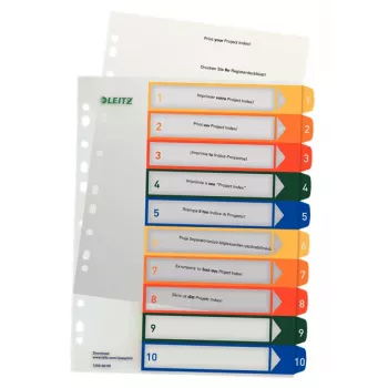 LEITZ Plastikinis rodyklė, Skaičiai, A4 Itin Platus, 1-10, tinkamas rašymui kompiuteriu, permatomas su spalvotomis kortelėmis, PP, 10 dalių (1293-00-00)