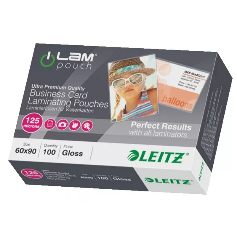 Leitz iLAM blizgios 60 x 90 mm laminavimo plėvelės, 125 mikronų, pakuotėje 100 vnt.
