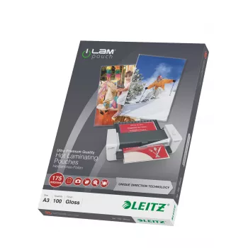 Leitz iLAM itin aukštos kokybės blizgios A3 laminavimo plėvelės su UDT, 175 mikronų, 100 vnt. pakuotė