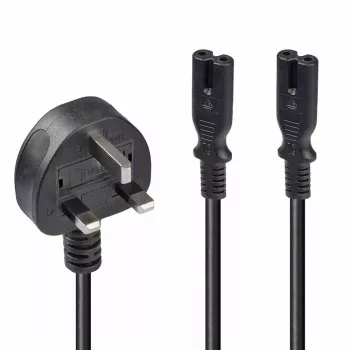 Lindy 2,5 m UK 3 kontaktų kištukas į 2 x IEC C7 skirstytuvo ilginamasis kabelis, juodas