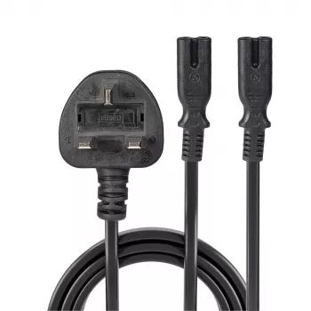 Lindy 2,5 m UK 3 kontaktų kištukas į 2 x IEC C7 skirstytuvo ilginamasis kabelis, juodas