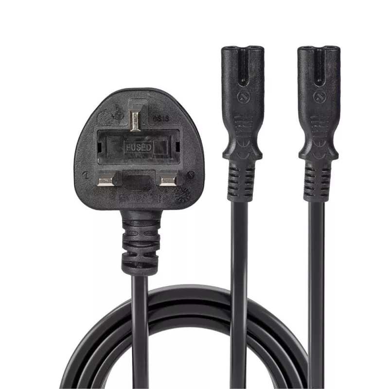 Lindy 2,5 m UK 3 kontaktų kištukas į 2 x IEC C7 skirstytuvo ilginamasis kabelis, juodas