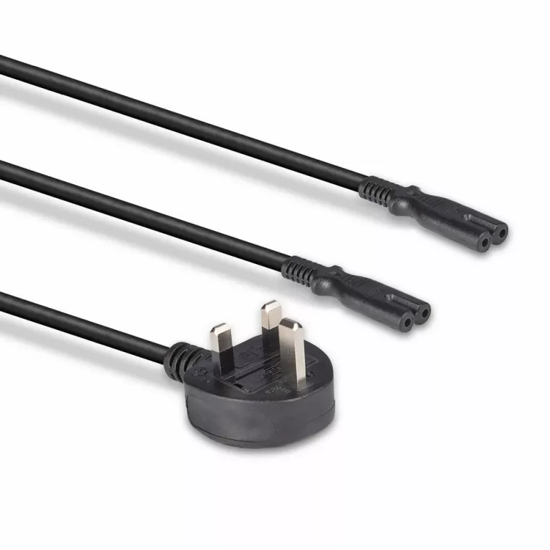 Lindy 2,5 m UK 3 kontaktų kištukas į 2 x IEC C7 skirstytuvo ilginamasis kabelis, juodas