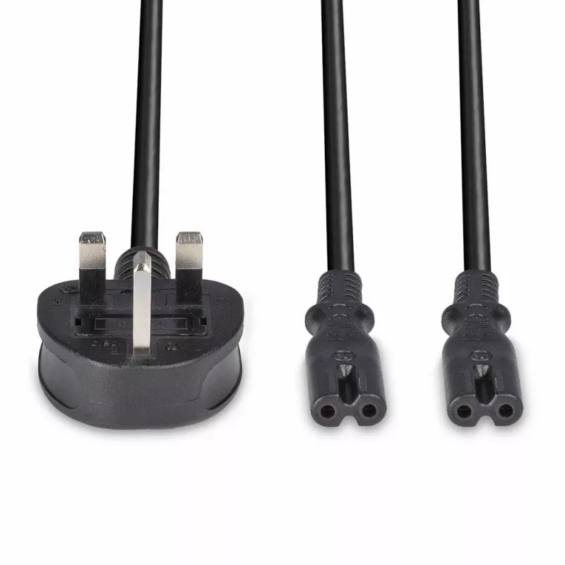 Lindy 2,5 m UK 3 kontaktų kištukas į 2 x IEC C7 skirstytuvo ilginamasis kabelis, juodas