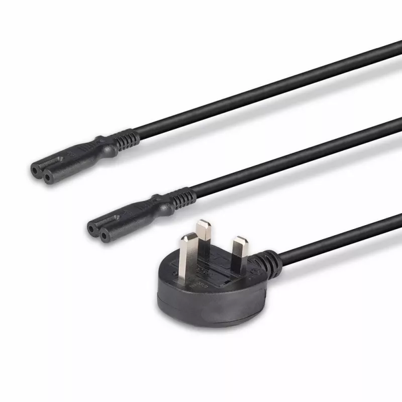 Lindy 2,5 m UK 3 kontaktų kištukas į 2 x IEC C7 skirstytuvo ilginamasis kabelis, juodas