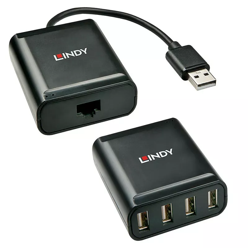 Lindy 60 m 4 prievadų USB 2.0 Cat.6 prailgintuvas, USB 2.0, RJ-45, USB 2.0, juodas, metalinis, 52 mm, 60 mm