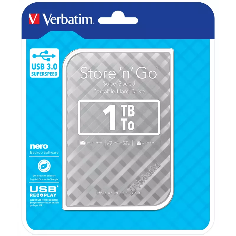 Verbatim Store 'n' Go USB 3.0 kietasis diskas 1 TB sidabrinis, 1 TB, 3.2 Gen 1 (3.1 Gen 1), 5400 RPM, sidabrinis