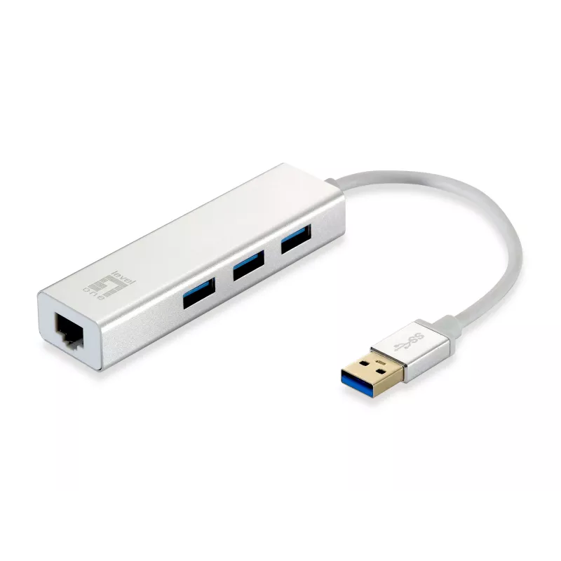 LevelOne Gigabit USB tinklo adapteris, USB Hub, Wired, USB, Ethernet, 1000 Mbit/s, Sidabrinė, White