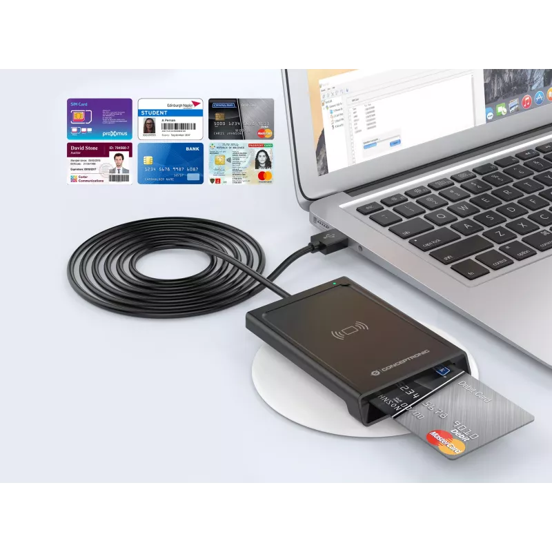 „Conceptronic BIAN11B“ dviejų sąsajų išmanusis asmens ID kortelių skaitytuvas, USB 2.0, artimojo lauko ryšys (NFC), 1 m, juodas, 100 g