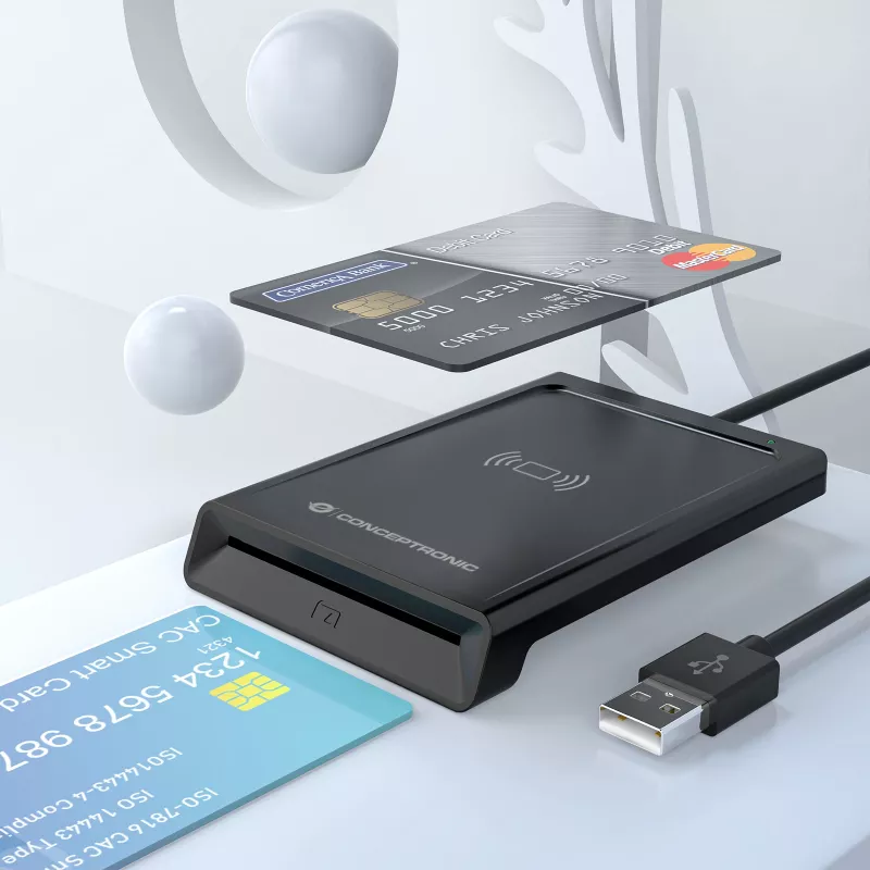 „Conceptronic BIAN11B“ dviejų sąsajų išmanusis asmens ID kortelių skaitytuvas, USB 2.0, artimojo lauko ryšys (NFC), 1 m, juodas, 100 g