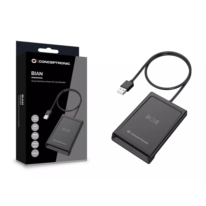 „Conceptronic BIAN11B“ dviejų sąsajų išmanusis asmens ID kortelių skaitytuvas, USB 2.0, artimojo lauko ryšys (NFC), 1 m, juodas, 100 g