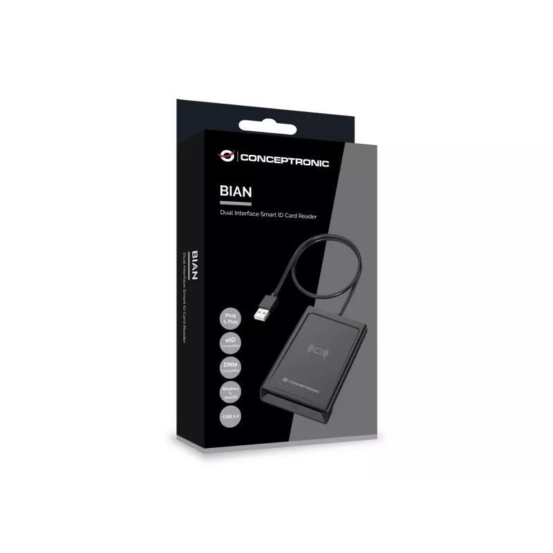 „Conceptronic BIAN11B“ dviejų sąsajų išmanusis asmens ID kortelių skaitytuvas, USB 2.0, artimojo lauko ryšys (NFC), 1 m, juodas, 100 g