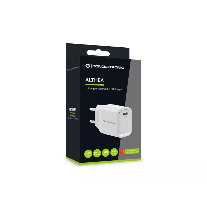 CONCEPTRONIC ALTHEA19W45 1 prievado 45W GaN USB-C PD įkroviklis su PPS, PD 3.0, 100–240 V, baltas