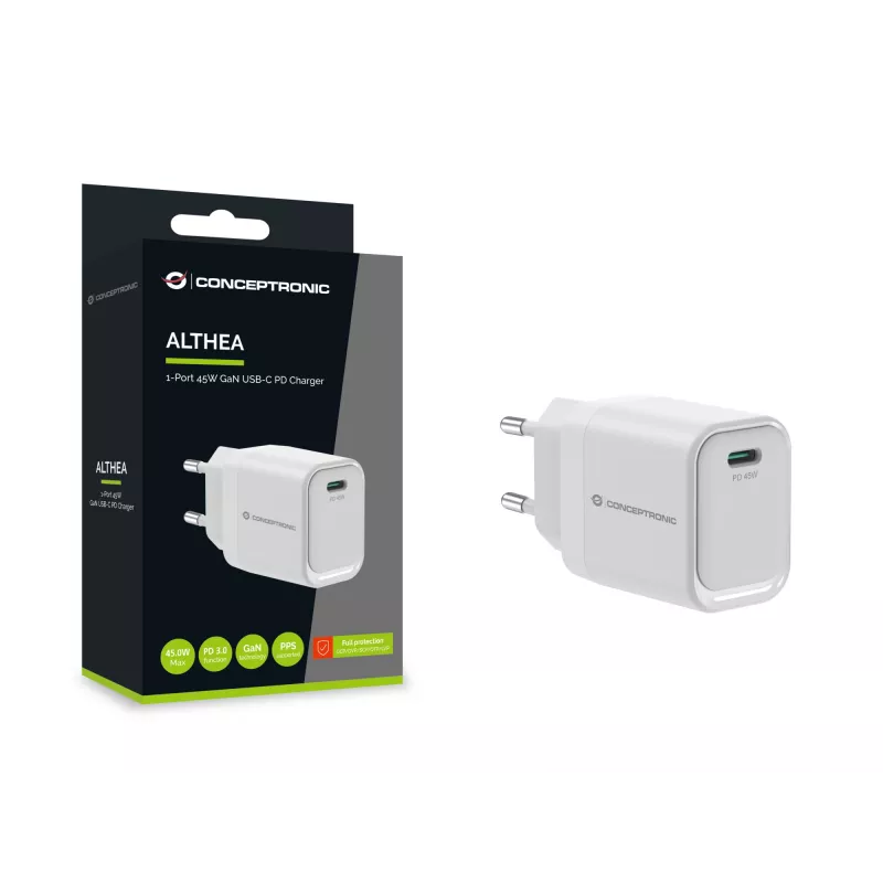 CONCEPTRONIC ALTHEA19W45 1 prievado 45W GaN USB-C PD įkroviklis su PPS, PD 3.0, 100–240 V, baltas