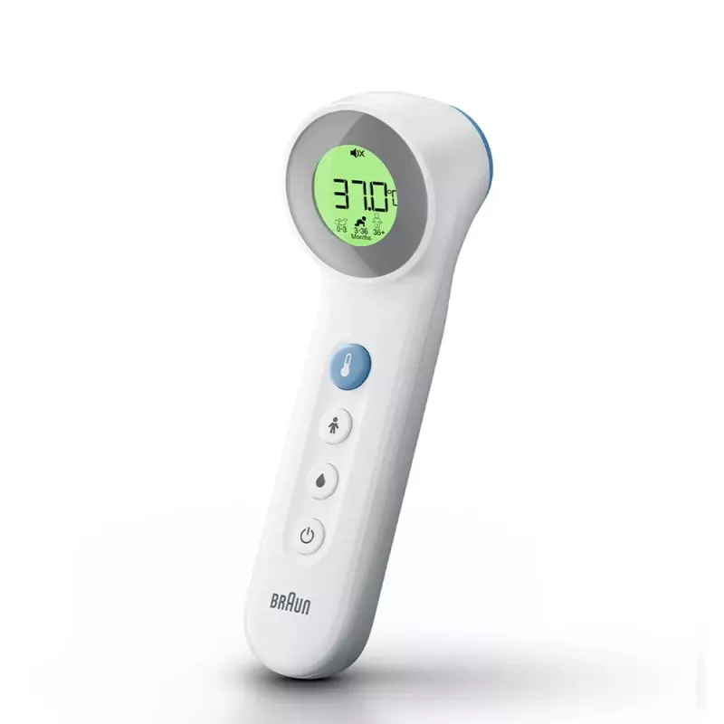 Skaitmeninis kaktos termometras BRAUN BNT400 — nekontaktinis, 34–43 °C diapazonas, 0,1 °C tikslumas, baltas