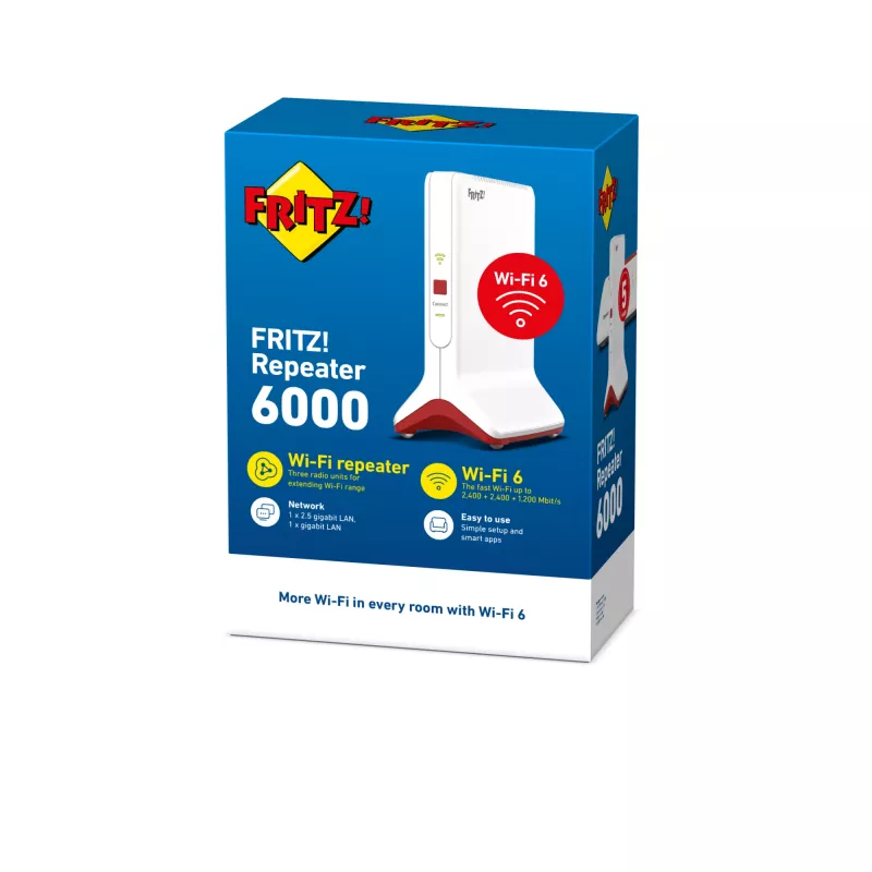 Belaidis diapazono plėtiklis AVM FRITZ!Repeater 6000 Edition International — trijų dažnių juostų 6000 Mbps, 2x LAN, balta