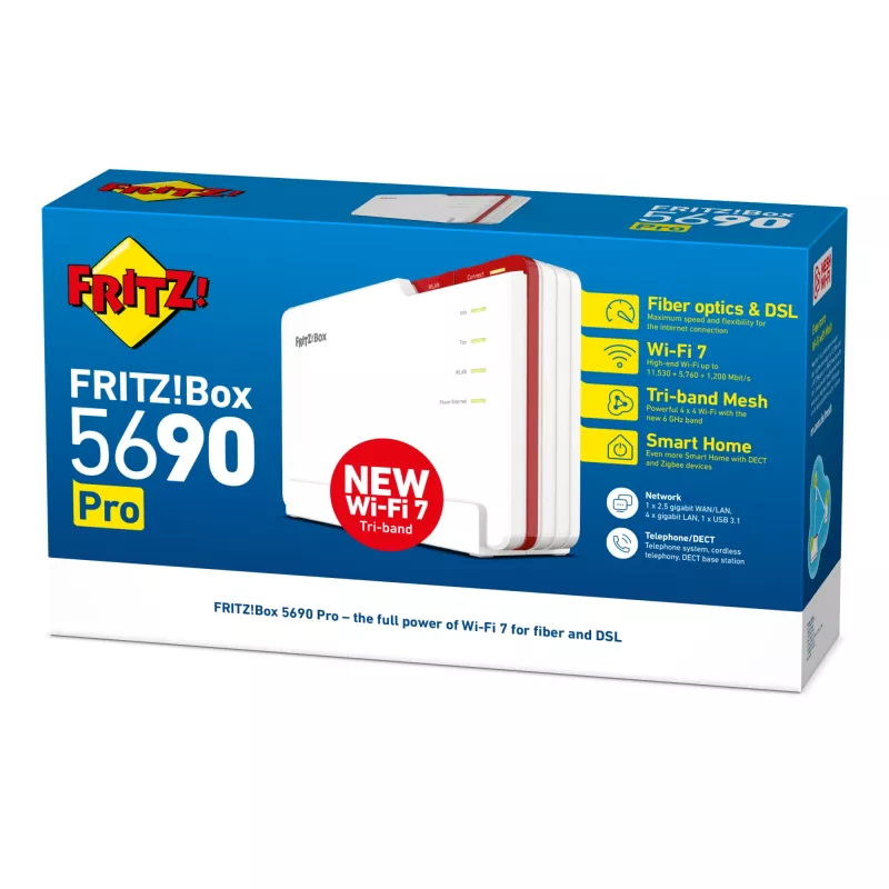 Dėžutė FRITZ! 5690 Pro International belaidis maršrutizatorius 2.5 Gigabit Ethernet Tri-band (2.4 GHz / 5 GHz / 6 GHz) Balta
