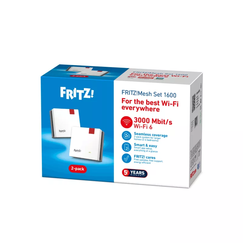 Tinklo sistema FRITZ!Mesh Set 1600 2-Pack International Edition dvi juostos (2,4 GHz / 5 GHz) Wi‑Fi 6 (802.11ax) raudona, balta vidinė