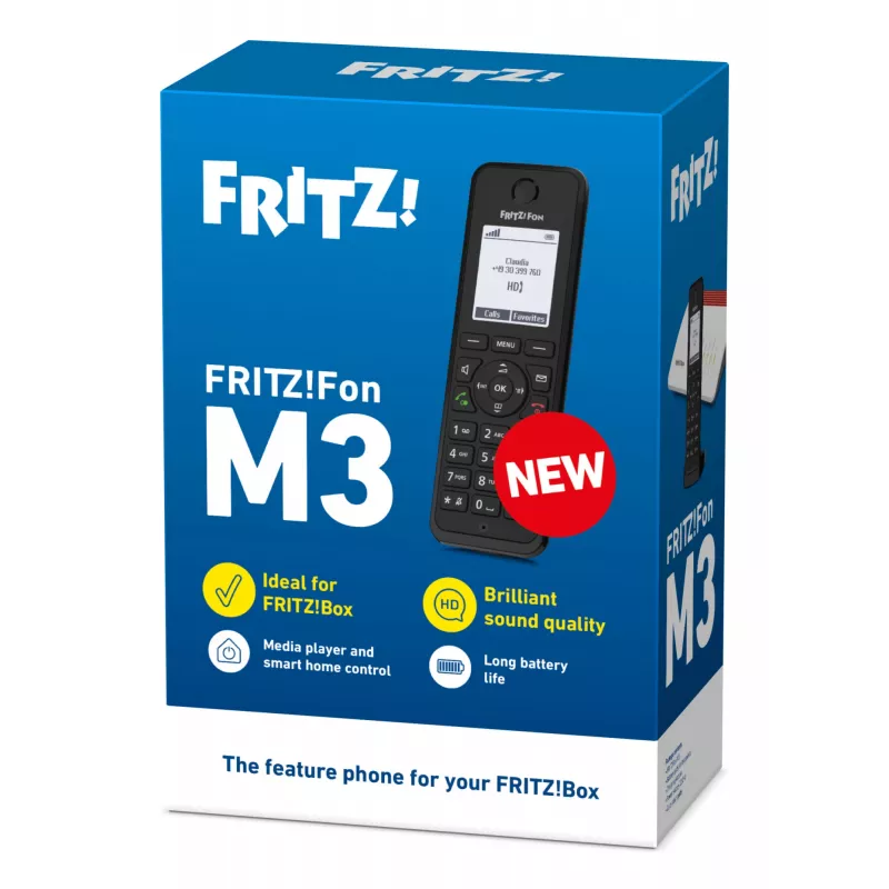 DECT telefonas AVM FRITZ! Fon M3 International — belaidis ragelis, skambintojo ID, garsiakalbis, 1 ragelis, 1000 įrašų telefonų knyga