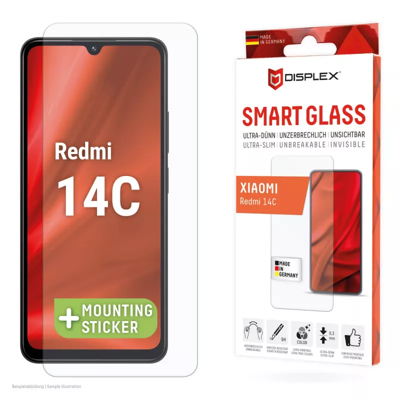 Displex Smart Glass (9H) apsauginis stiklas „Xiaomi Redmi 14C“, tvirtinimo lipdukas, nedūžtantis