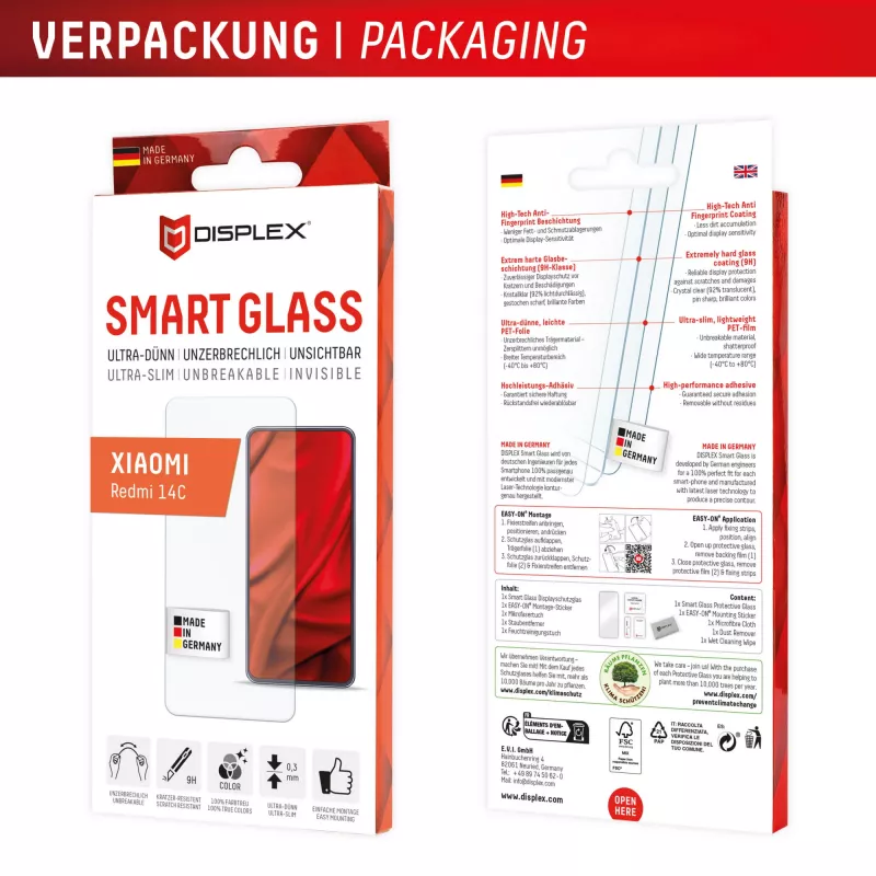 Displex Smart Glass (9H) apsauginis stiklas „Xiaomi Redmi 14C“, tvirtinimo lipdukas, nedūžtantis