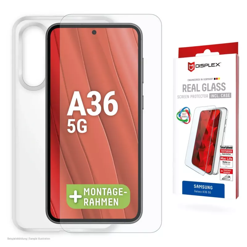 Grūdinto stiklo ekrano apsauga + dėklas Samsung Galaxy A36, e.v.i., Eko montavimo rėmelis, atspari įbrėžimams, skaidri