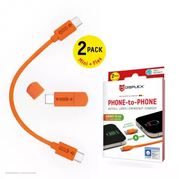 Displex Phone-to-Phone avarinis įkroviklis, USB-C į USB-C, mini kištukas + lankstus laidas, kompaktiškas 2 vnt. rinkinys