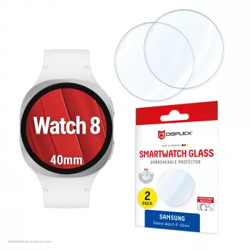 Apsauginis ekrano stiklas e.v.i. Displex 9H Glass, skirtas Galaxy Watch 8 40mm, 2 vnt. pakuotėje, itin plonas, berėmis, neatspindintis pirštų antspaudų