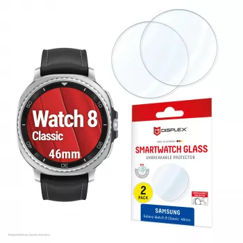 Ekrano apsauga e.v.i. Displex 9H Glass, skirta Galaxy Watch 8 (46 mm) – 2 vnt. pakuotė, itin plona, berėmė, neriebaliojanti