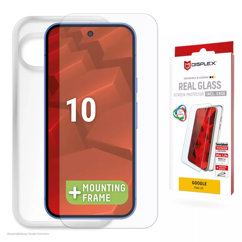 Grūdinto stiklo ekrano apsauga su dėklu, skirta „Google Pixel 10“, gamintojas e.v.i. (DISPLEX Real Glass + dėklas)