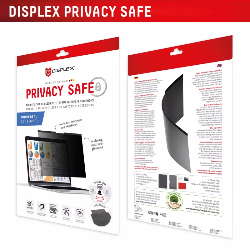 Privatumo filtras e.v.i. Displex PRIVACY SAFE magnetinis dvipusis 16 colių (16:10) nešiojamam kompiuteriui, berėmis, blizgus/matinis, 3H