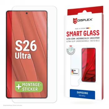 DISPLEX Smart Glass (9H) apsauginis stiklas Samsung S26 Ultra, nedūžtantis, Samsung, Galaxy S26 Ultra, Sausas uždėjimas, Atsparus lūžimui, Atsparus purvui, Atsparus įbrėžimams, Skaidrus, 1 vnt.