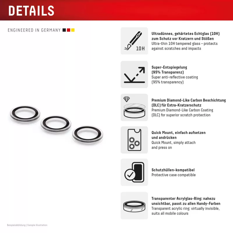 Camera Lens Glass Protector for Samsung Galaxy S26 / S26+ by e.v.i., tempered 10H, DLC, single ring, quick mount, transparent