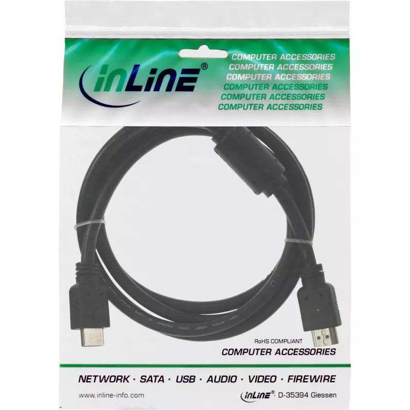 InLine HDMI kabelis High Speed kištukas + feritas juodas 1,8 m, 1,8 m, HDMI A tipo (standartinis), HDMI A tipo (standartinis), juodas