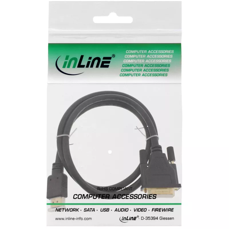 InLine HDMI į DVI laidas kištukas / 18+1 kištukas paauksuotas 15 m, 15 m, HDMI, DVI-D, auksas, 4,95 Gbit/s, juoda