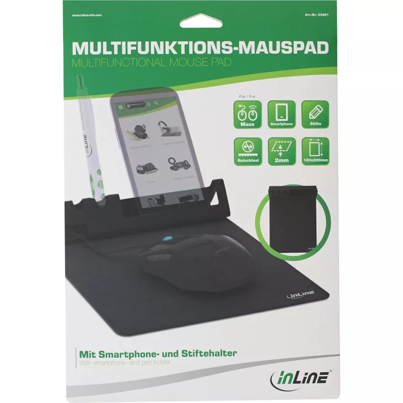 Pelės kilimėlis InLine 55261 — daugiafunkcis guminis kilimėlis su išmaniojo telefono ir rašiklio laikikliu, 250×? mm, juodas