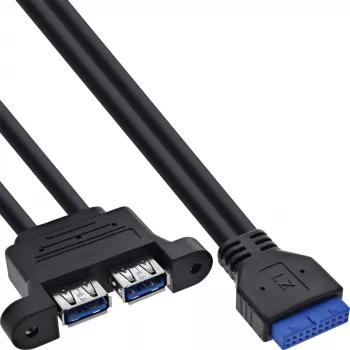 InLine 33390K vidinis USB 3.2 Gen 1 laidas, pagrindinės plokštės jungtis į 2x USB-A lizdą, 0,45 m