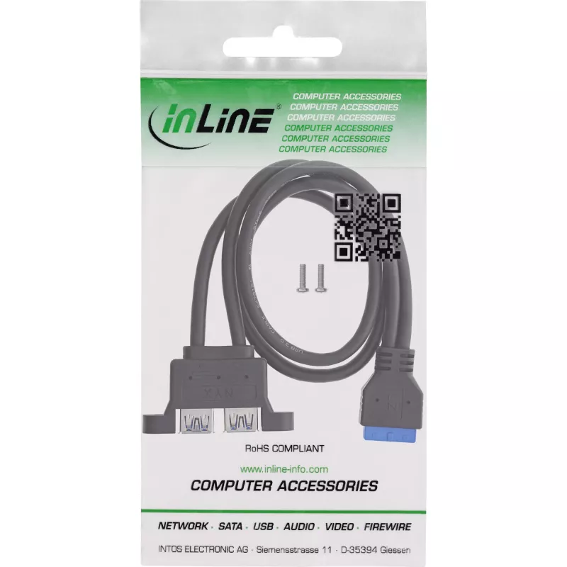 InLine 33390K vidinis USB 3.2 Gen 1 laidas, pagrindinės plokštės jungtis į 2x USB-A lizdą, 0,45 m