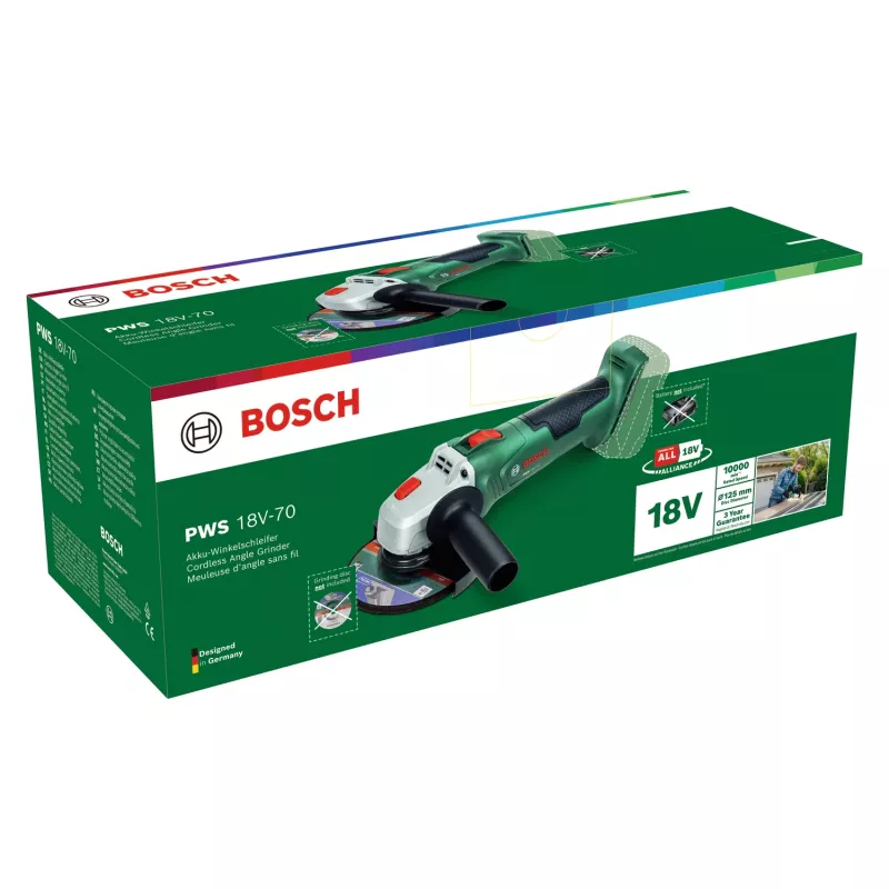 Bosch kampinis šlifuoklis PWS 18V-70 (įrankis be akumuliatoriaus, 125 mm, kartoninė dėžutė), 10000 aps./min., 12,5 cm, baterija, 2 kg
