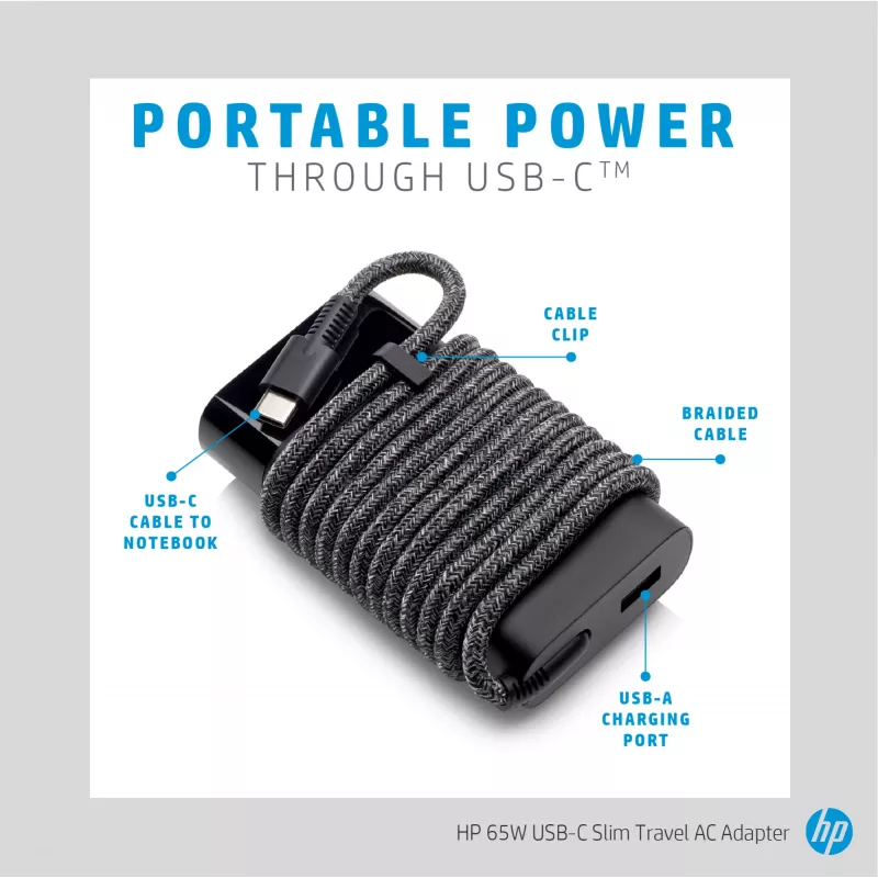 HP 65W USB-C plonas Travel maitinimo adapteris, nešiojamam kompiuteriui, universalus, 90 V, 47–63 Hz, 65 W, 20 V