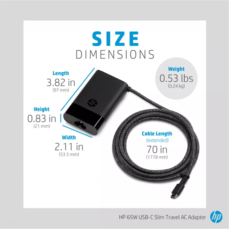 HP 65W USB-C plonas Travel maitinimo adapteris, nešiojamam kompiuteriui, universalus, 90 V, 47–63 Hz, 65 W, 20 V