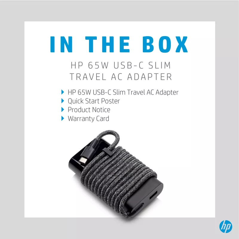 HP 65W USB-C plonas Travel maitinimo adapteris, nešiojamam kompiuteriui, universalus, 90 V, 47–63 Hz, 65 W, 20 V