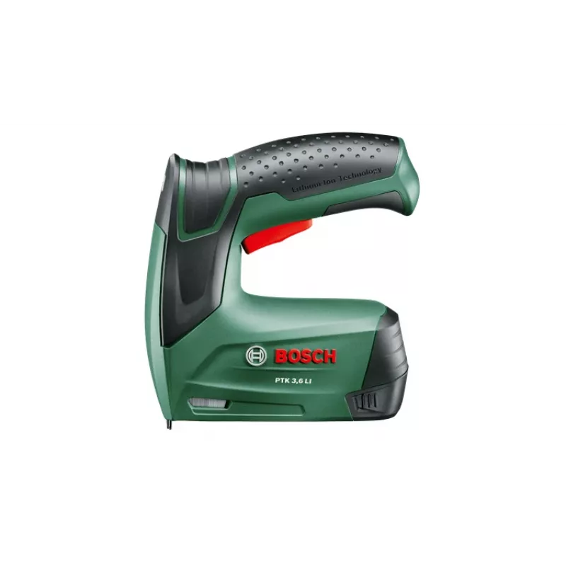 Kabių pistoletas Bosch PTK 3,6 LI Office Set — belaidis, Li‑Ion 1.5 Ah, kabių ilgis 4 mm–10 mm, plotis 50 mm