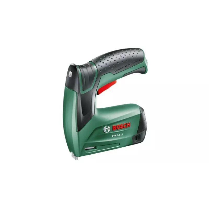 Kabių pistoletas Bosch PTK 3,6 LI Office Set — belaidis, Li‑Ion 1.5 Ah, kabių ilgis 4 mm–10 mm, plotis 50 mm