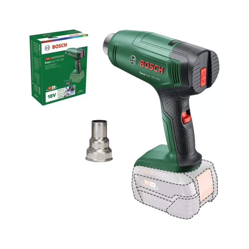 Karšto oro pistoletas Bosch EasyHeat 18V-500 — belaidis, 72 W, 4 Ah baterija, 350–450 °C, pistoleto rankena, žalias
