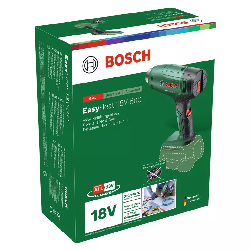 Karšto oro pistoletas Bosch EasyHeat 18V-500 — belaidis, 72 W, 4 Ah baterija, 350–450 °C, pistoleto rankena, žalias