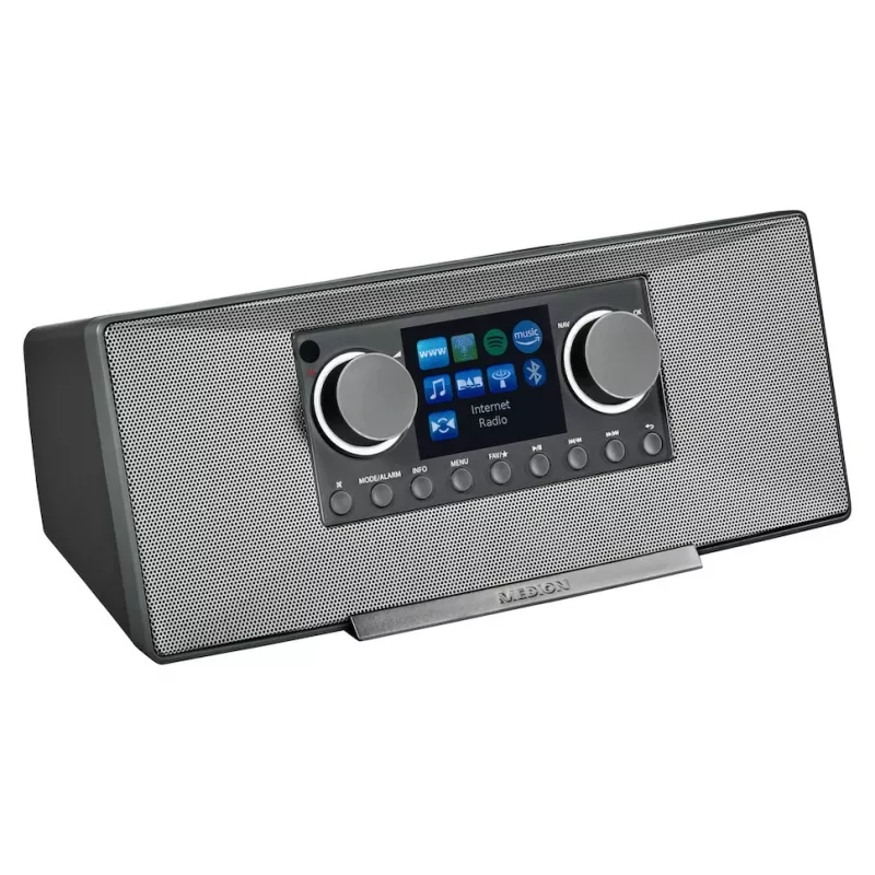 Internet radijas MEDION LIFE P85333 — DAB+ / FM, 12 W RMS, 2,8 colio TFT, Wi‑Fi 802.11a/b/g, 3,5 mm lizdas, pilka